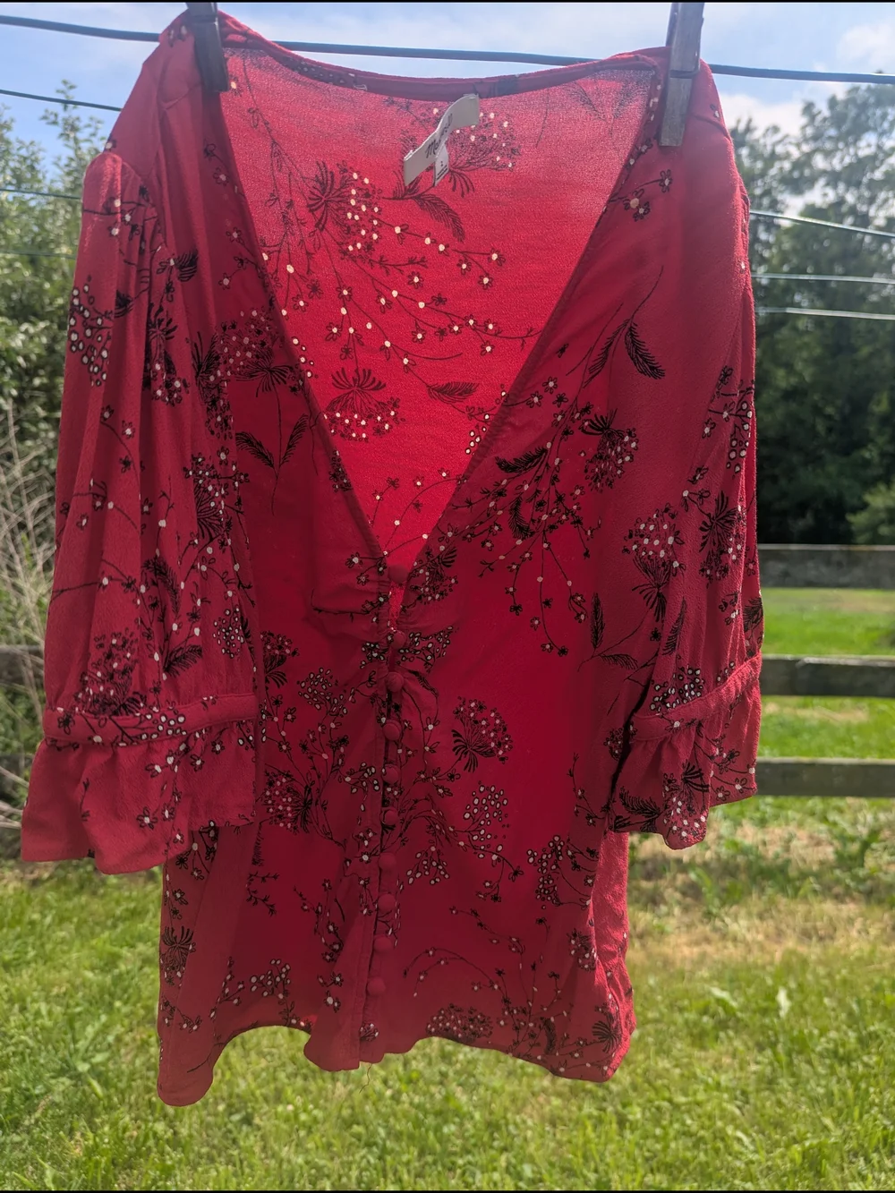 Madewell Red Floral Drawstring Ruched Short Sleeve Top
